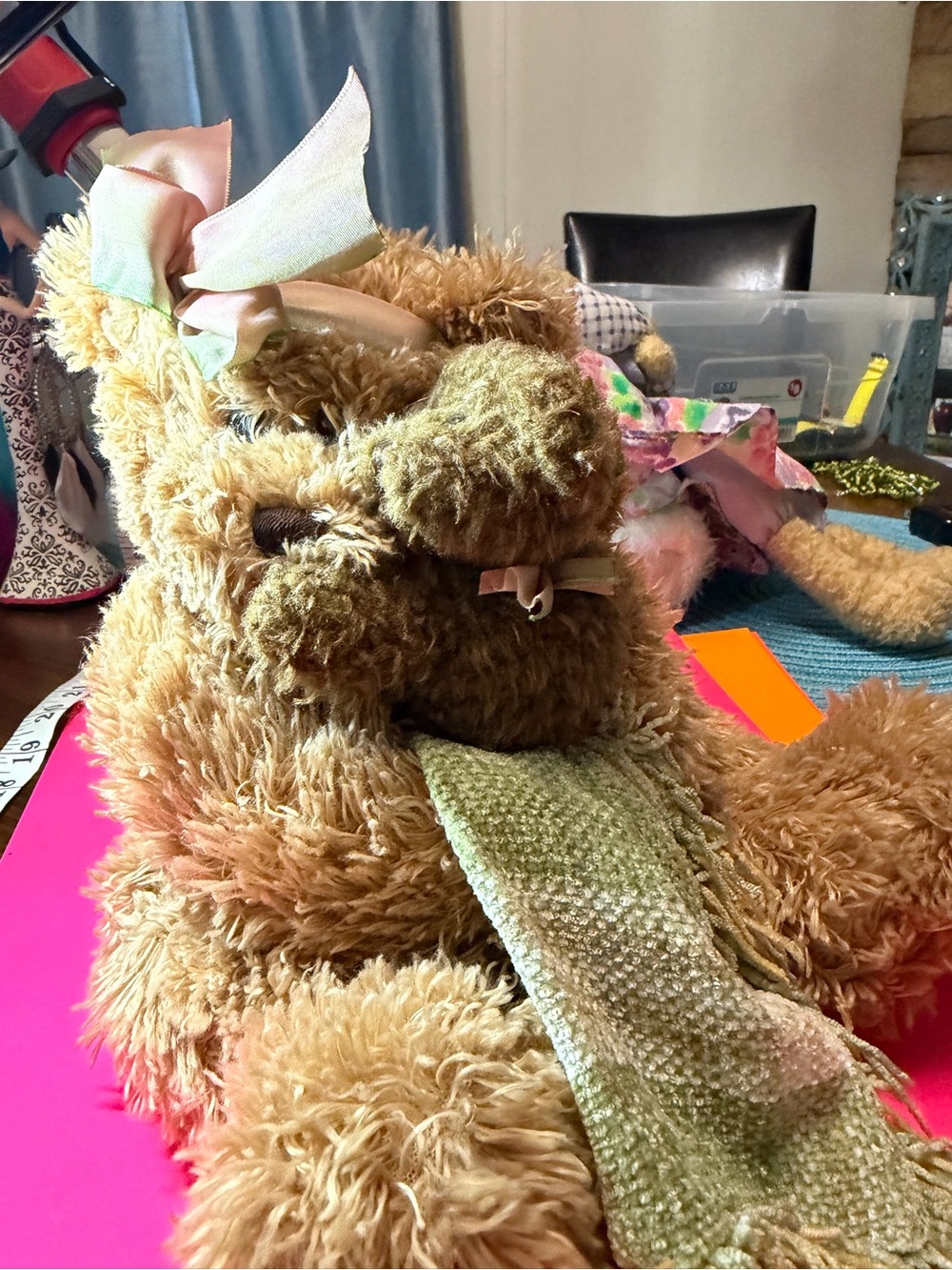 Plush Light Brown Teddy Bear mom holding baby with a chenille blankets.